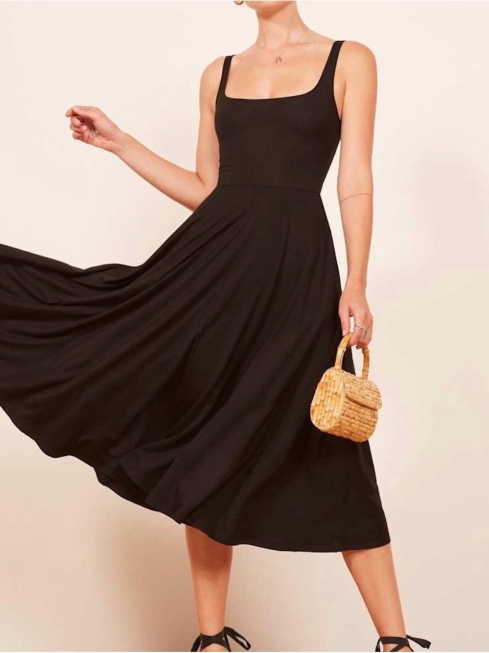 Reformation Black Square-Neck Midi Dress